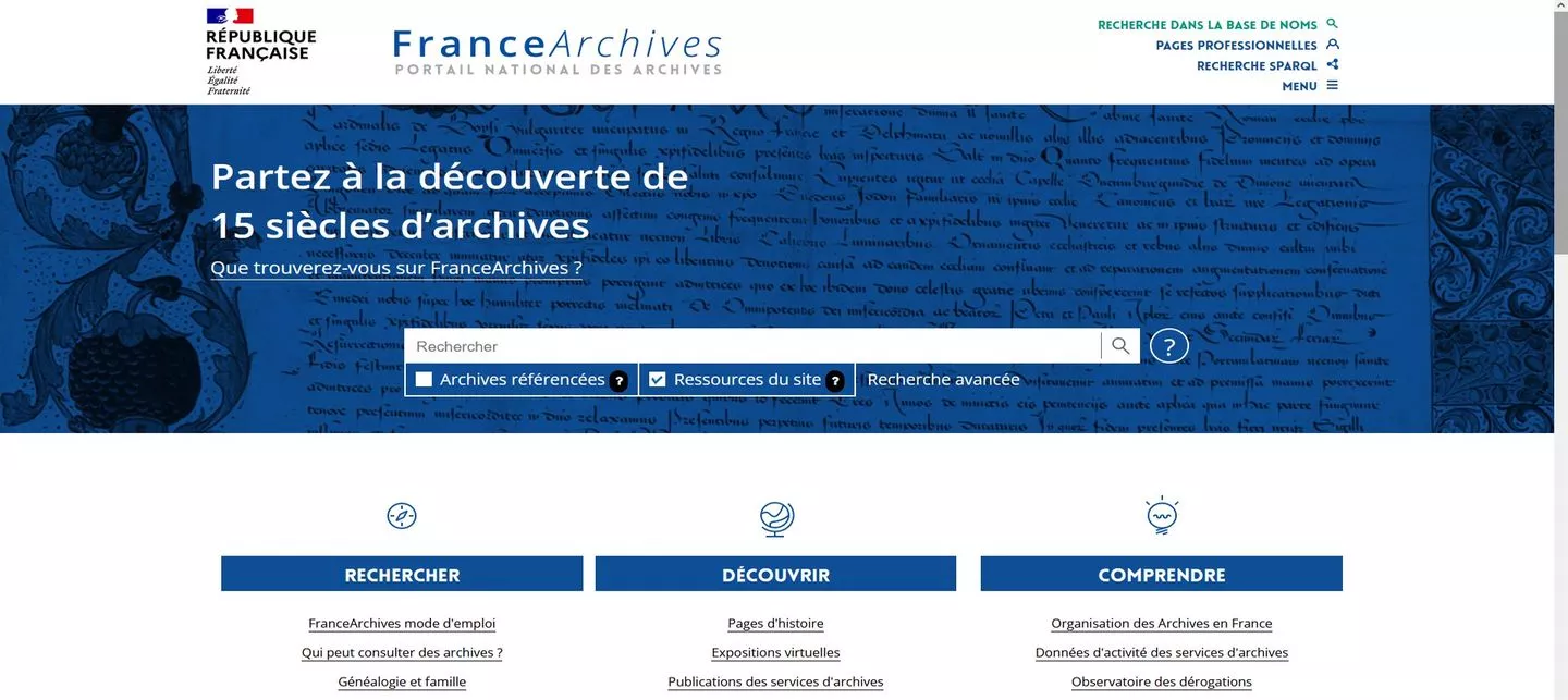 Ecran d'accueil de France Archives