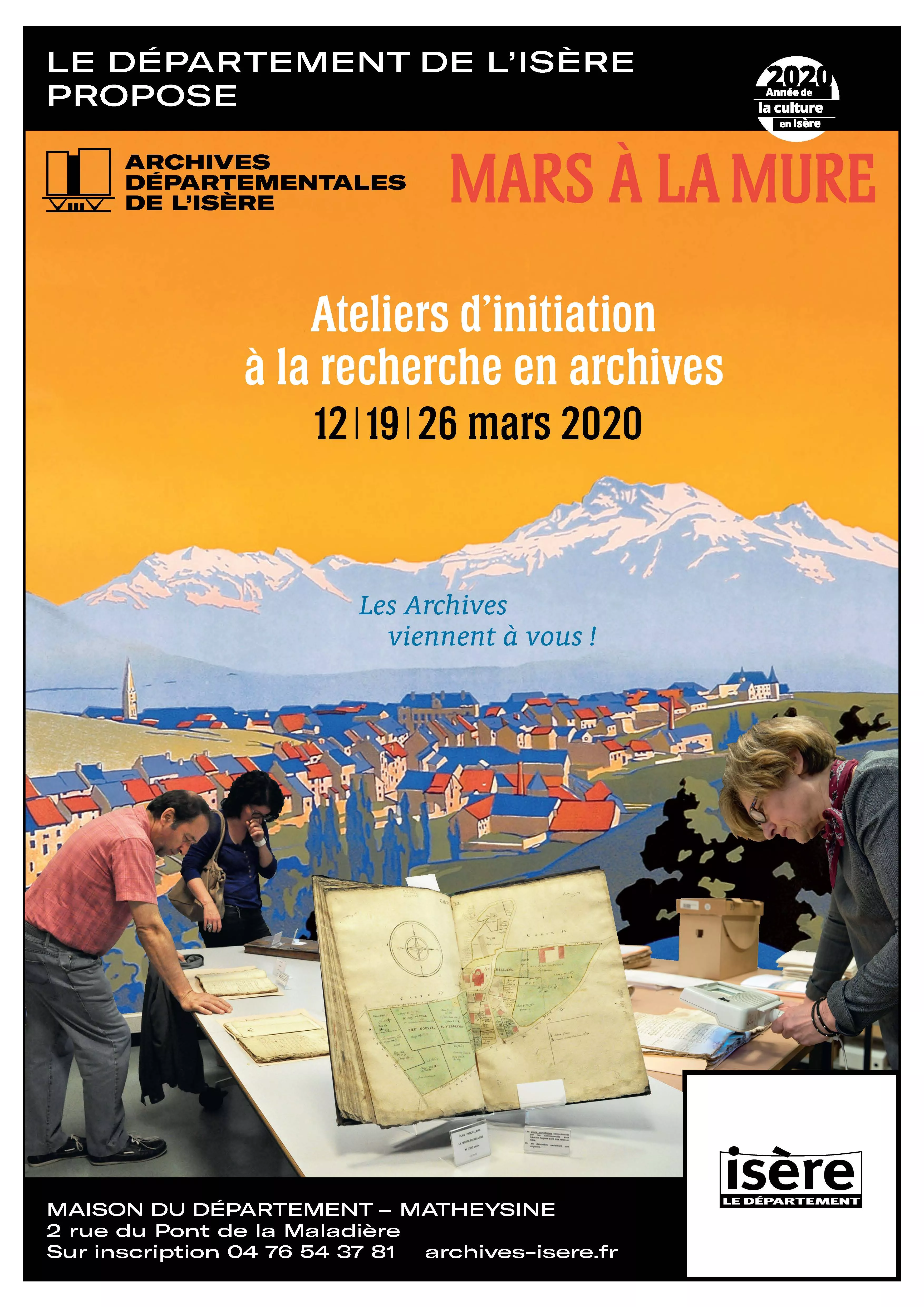 Affiche des ateliers organisés à la Mure en mars 2020 par les Archives départementales de l'Isère