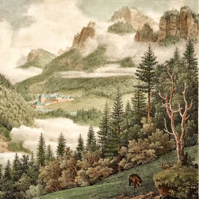 Détail de l'affiche de l'exposition L'homme et la forêt (vue du désert de la Grande Chartreuse, gravure cotée 8FI15) © Archives départementales de l'Isère