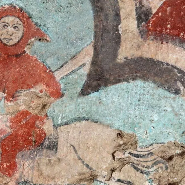 Détail d'une fresque située dans la maison forte de Theys et représentant un personnage sur un cheval