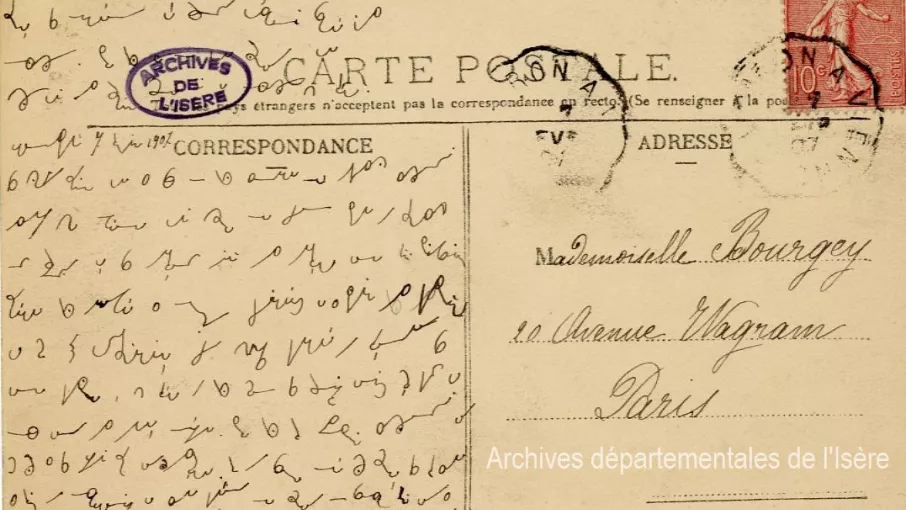 9fi1176_verso Verso d'une carte postale cotée 9FI1176 et conservée aux Archives départementales de l'Isère.