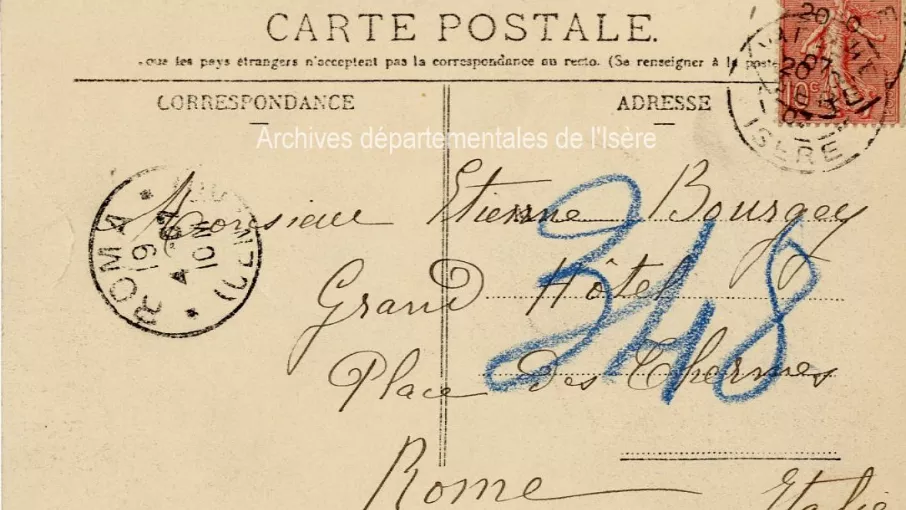 Verso d'une carte postale cotée 9fi5211_recto et conservée aux Archives départementales de l'Isère.