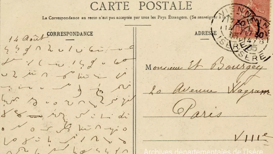 verso d'une carte postale cotée 9FI5270 et conservée aux Archives départementales de l'Isère.