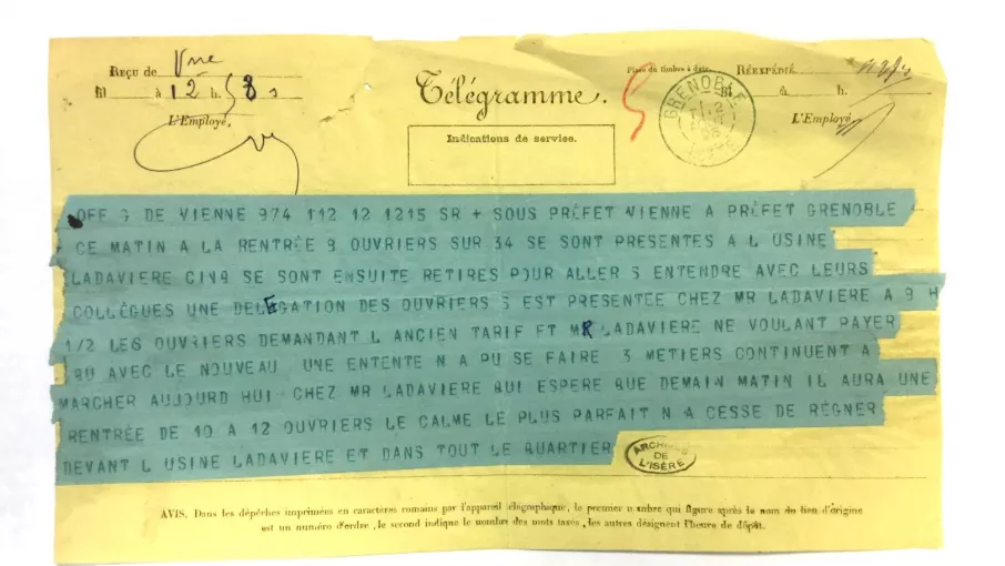 Télégramme coté 166M3 © Archives départementales de l'Isère