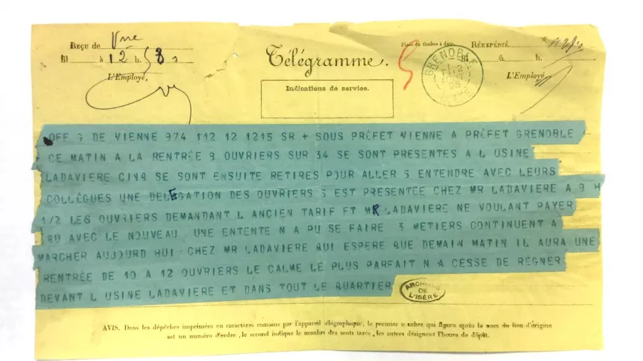 166M3 © Archives départementales de l'Isère Télégramme coté 166M3 © Archives départementales de l'Isère